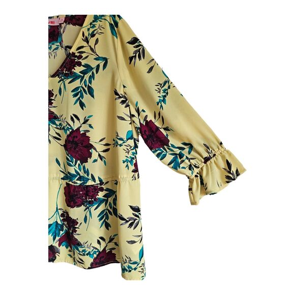 EVRI Women's 1X Blouse V-Neck Drawstring Waist Yellow Floral 3/4 Sleeve 50" - Picture 4 of 7